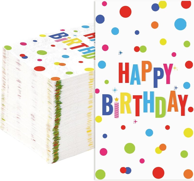 Grencian 100 Pcs Happy Birthday Paper Napkins 3 Ply Colorful Dots Birthday Hand Towels Disposable Absorbent Colorful Polka Dot Guest Napkins for Christmas Adults Kids Birthday Cocktail Picnic Party Supplies - Image 1